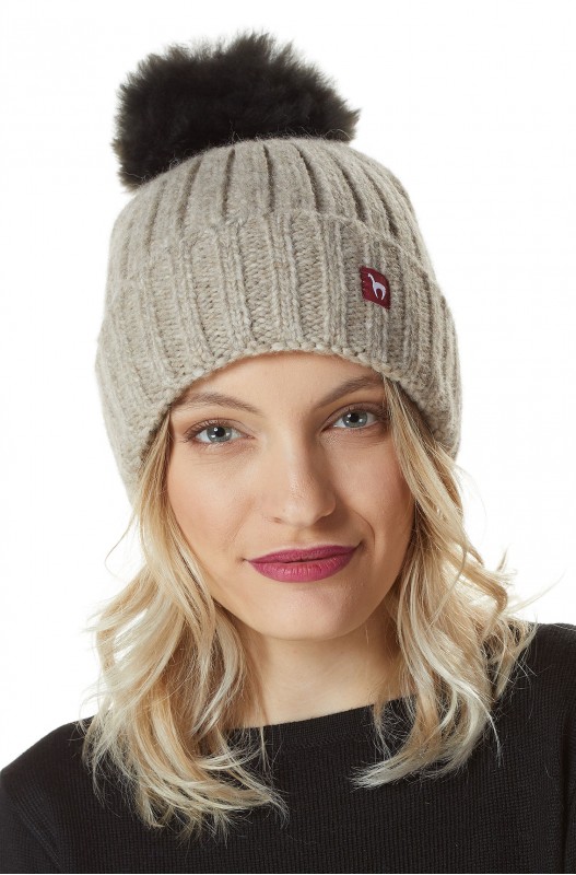 Bonnet d'alpaga BIANCA avec pompon en bébé alpaga et laine mélangée- Sable - APU KUNTUR