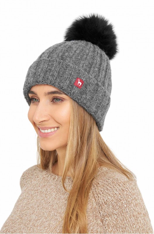 Bonnet d'alpaga BIANCA avec pompon en bébé alpaga et laine mélangée- Gris - APU KUNTUR