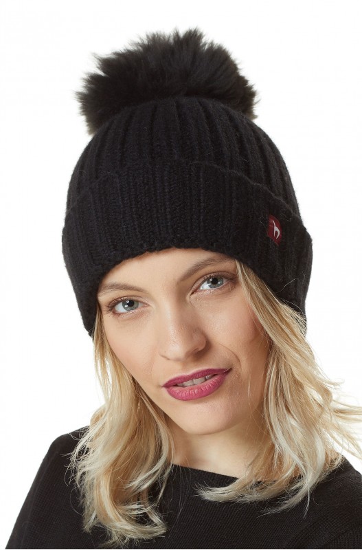 Bonnet d'alpaga BIANCA avec pompon en bébé alpaga et laine mélangée- Noir - APU KUNTUR