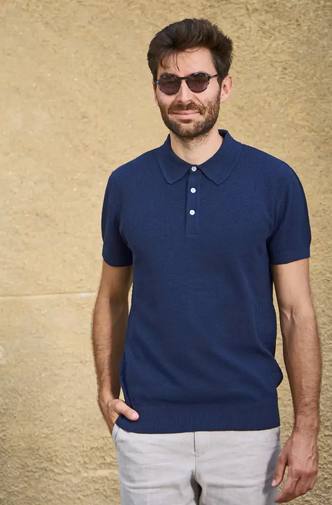 Polo SIMRON en mélange d'alpaga royal et de coton- Bleu