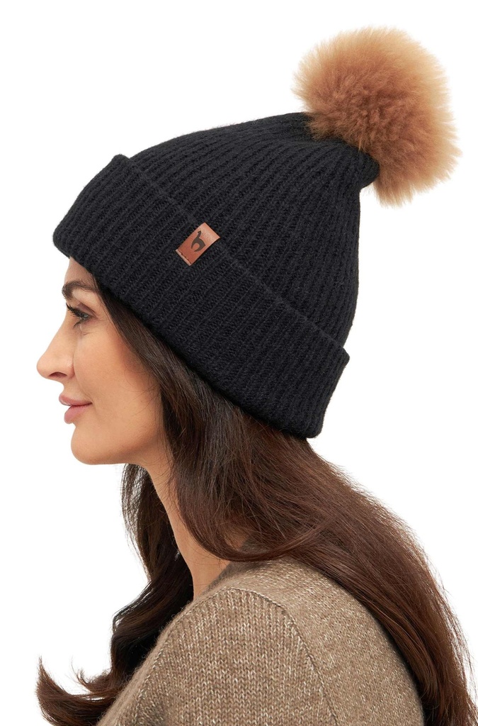 Bonnet en alpaga PACA avec pompon en mélange baby alpaga-mérinos- Noir